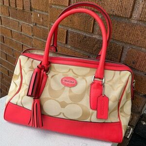 Coach Beige Signature Satchel with Coral Trim